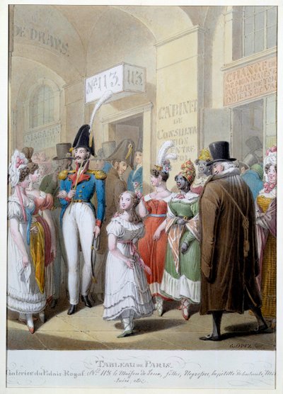 Parijs: de galerijen van het Palais Royal in Parijs. Mannen wandelen door de overdekte passage om prostituees te ontmoeten door Georg Emanuel Opitz