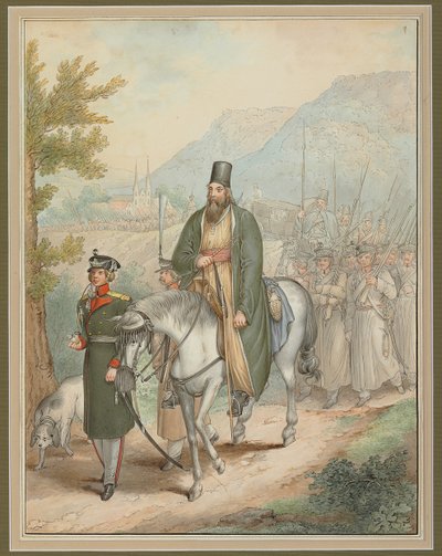 Russische soldaten begeleiden een priester te paard door Georg Emanuel Opitz