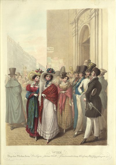 Voor de Sint-Michielskerk: de zegening, mooie wereld, lichte meisjes, ca. 1830 door Georg Emanuel Opiz