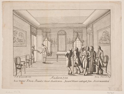 Deens: Titel koper. De audiëntie bij onze kroonprins, waar de bastaard wordt geaccepteerd als de grote man door Georg Fahrenholtz