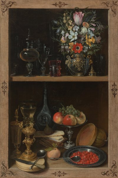 Kast met fruit en bloemen door Georg Flegel