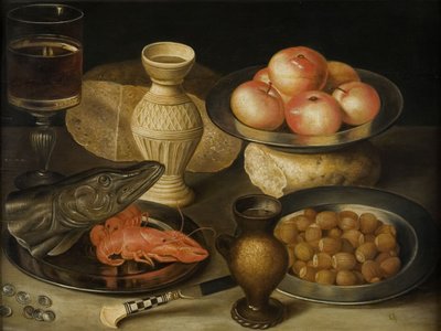 Stilleven met Siegburg steengoed kruik, glas, mes, twee broden, begin 17e eeuw door Georg Flegel