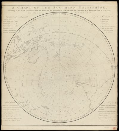 Kaart van het zuidelijk halfrond, na Cook door Georg Forster