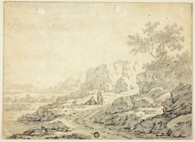 Rotsachtig landschap met figuren en hond op pad door Georg Friedrich Dietzsch