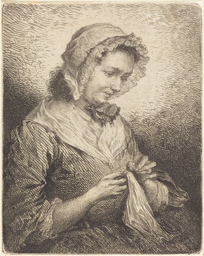 De vrouw van de kunstenaar aan het naaien door Georg Friedrich Schmidt