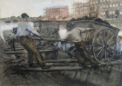 Arbeiders trekken een zwaar beladen kar op de Jacob van Lennepkade, Amsterdam door George Hendrik Breitner