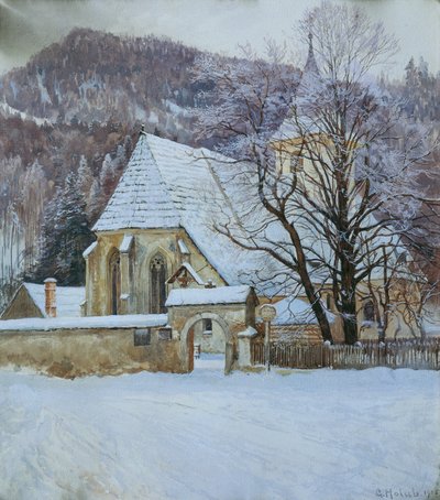 Winter in Rosenthal bij Kapellen (Steiermark) met gotische kerk door Georg Holub
