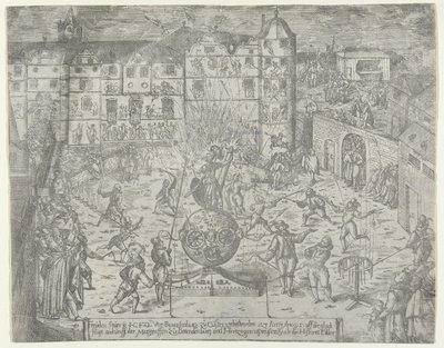Vuurwerk op 23 juni 1595, voor de intocht in Küstrin van de markgraaf van Brandenburg door Georg Keller