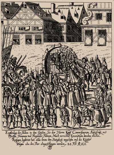 De Fettmilch-opstand. Herintroductie van de Joden in Frankfurt op 28 februari 1616, ca. 1616-1617 door Georg Keller