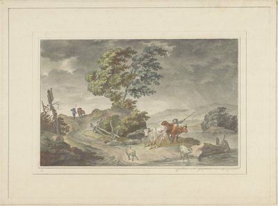 Heuvelig landschap met veeherder en wandelaars bij dreigende hemel door Georg Lamprecht (possibly)