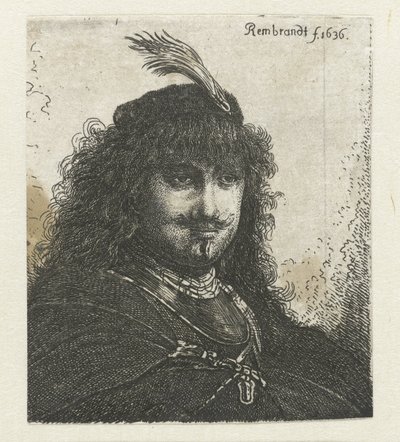 Zelfportret (?) met gevederde hoed en neergeslagen sabel door Georg Leopold Hertel