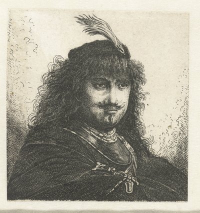 Zelfportret (?) met gevederde hoed en neergeslagen sabel door Georg Leopold Hertel