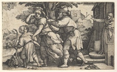 Abraham stuurt Hagar en Ismaël weg: Abraham houdt een vat vast terwijl Hagar en Ismaël..., ca. 1543 door Georg Pencz