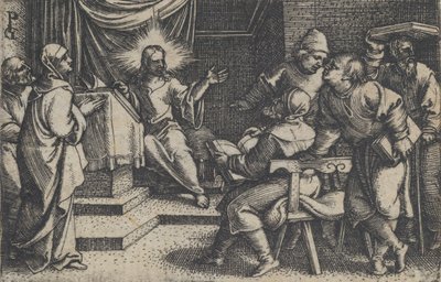 Christus met de Dokters in de Tempel, uit Het Verhaal van Christus, 1534-35 door Georg Pencz