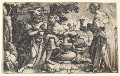 Lot en zijn dochters: een dochter rust met haar rechterarm op Lots knie en een andere..., ca. 1531 door Georg Pencz
