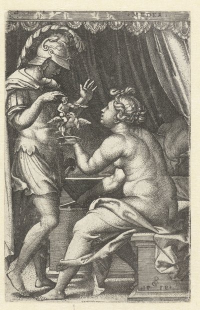 Medea geeft Jason beeld van Ganymedes met adelaar door Georg Pencz