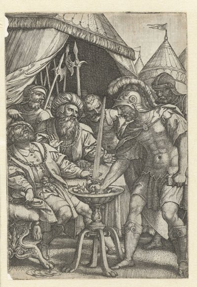 Mucius Scaevola steekt rechterhand in het vuur door Georg Pencz