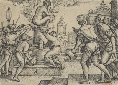 De gestrafte courtisane, uit Het verhaal van de magiër Virgil door Georg Pencz