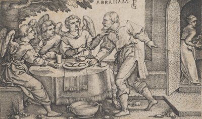 De drie engelen bezoeken Abraham, uit Het verhaal van Abraham door Georg Pencz