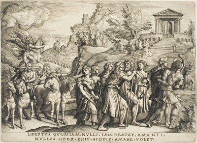 De Triomf van de Liefde, plaat één uit De Triomfen van Petrarca door Georg Pencz