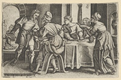 Tobias verlaat de tafel, uit Het verhaal van Tobias door Georg Pencz
