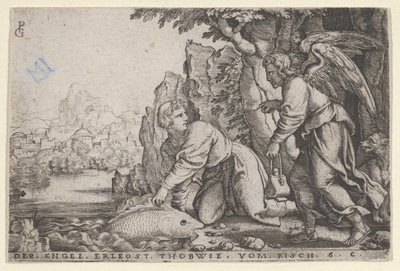 Tobiolus vangt de vis, uit Het verhaal van Tobias door Georg Pencz