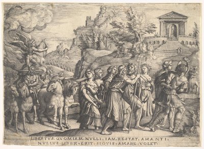 Triomf van de liefde: vier paarden trekken een wagen met Cupido staand op een rokend platform, ca. 1539 door Georg Pencz