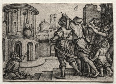 Virgil hangend in een Mand door Georg Pencz