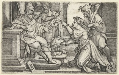 Vrouw verklaart onder ede haar onschuld door Georg Pencz