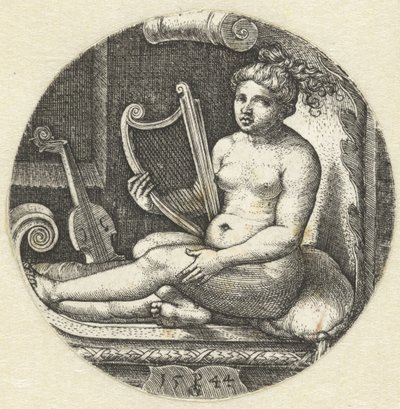 Zittende naakte vrouw met een harp door Georg Pencz