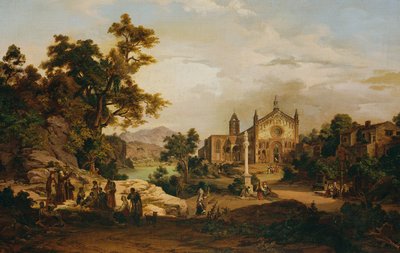 Italiaans landschap met pelgrims door Georg Petzolt