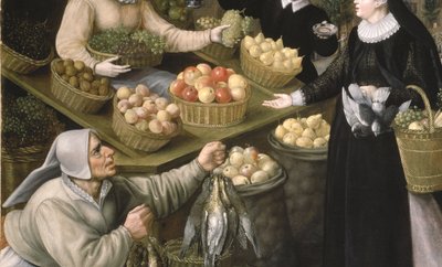 Een allegorie van de herfst: een fruit- en groentekraam boven de Weinmarkt in Frankfurt am Main door Georg and Valkenborch Lucas Van Flegel