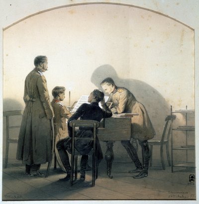 Aan de piano, Russische soldaten spelen piano tijdens de Krimoorlog, schilderij van George Wilhelm Timm (1820-1895), aquarel en potlood op papier door Georg Wilhelm Timm