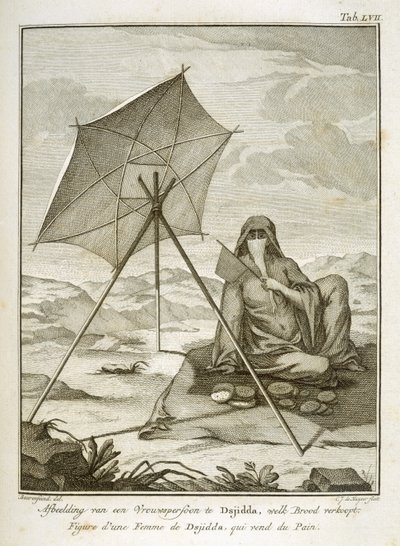 Vrouw van Dsjidda maakt platbrood in de woestijn, gegraveerd door C.J. de Huyser, gepubliceerd ca. 1772-74 door Georg Wilhelm Baurenfeind