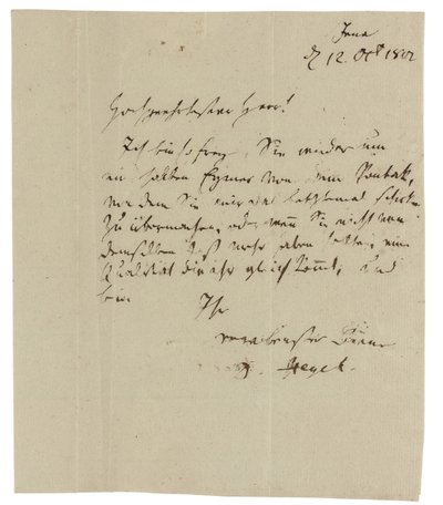 Handgeschreven brief aan Gebruder Ramann (wijnhandelaren in Erfurt), Jena door Georg Wilhelm Friedrich Hegel