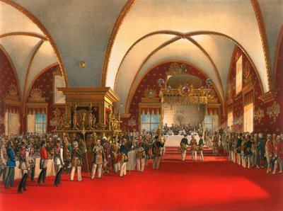 Kroningsbanket in de hal van het Paleis van de Facetten in het Kremlin van Moskou, 1856 door Georg Wilhelm Timm