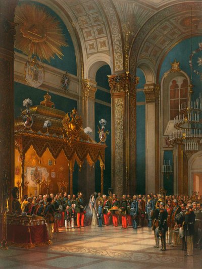 Hulde van Kozakkenofficieren in de Troonzaal, kroning van Tsaar Alexander II, Moskou, 1856 door Georg Wilhelm Timm