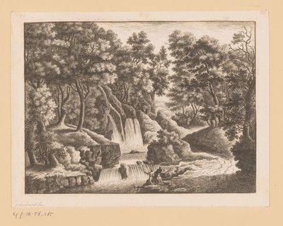 Waterval in bos met twee vissers op voorgrond door Georg Wolfgang Knorr (possibly)