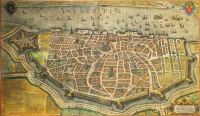 België, Antwerpen, uit Civitates Orbis Terrarum, kleurengraving door Georg Braun and Hogenberg Franz