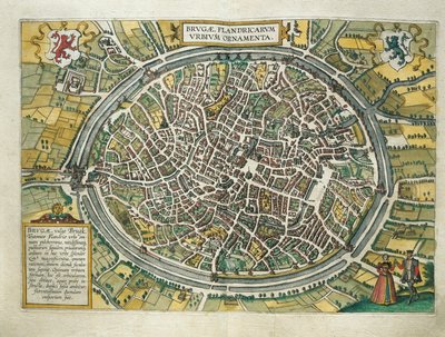 Kaart van Brugge, België, uit Civitates Orbis Terrarum door Georg Braun en Franz Hogenberg, Keulen, gravure door Georg Braun and Hogenberg Franz