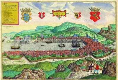 Bergen, Noorwegen door Georg and Hogenberg Franz (1535 90) Braun