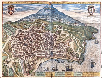 Catania, met Etna op de achtergrond, Sicilië, Italië (gravure) door Georg Braun and Hogenberg Franz