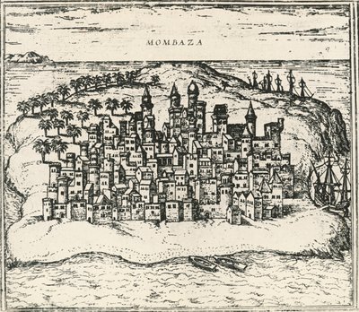 Stad Mombasa in Kenia, gravure uit Civitates Orbis Terrarum door Georg Braun and Hogenberg Franz