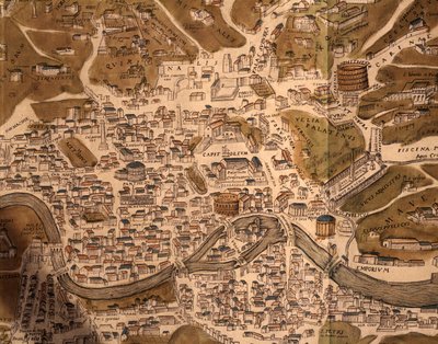 Stad Rome, kaartplaat, detail uit Civitates orbis terrarum, Steden van de Wereld, door Georg Braun (1541-1622) en Franz Hogenberg (1535-1590), actief in Keulen, gravure, Italië door Georg Braun and Hogenberg Franz
