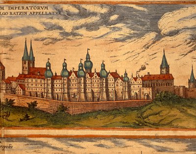 Tsjechië, Praag, Uitzicht op het Paleis, kleuren gravure uit Civitates Orbis Terrarum door Georg Braun en Franz Hogenberg door Georg Braun and Hogenberg Franz