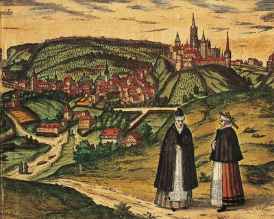 Tsjechië, Praag, Uitzicht op de stad met de citadel op de achtergrond, kleuren gravure uit Civitates Orbis Terrarum door Georg Braun (1541-1622) en Franz Hogenberg (1535-1590) door Georg Braun and Hogenberg Franz
