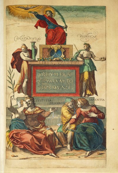Frontispice van deel IV met allegorische figuren uit Civitates Orbis Terrarum door Georg Braun door Georg Braun and Hogenberg Franz