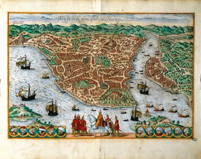 Italië, Milaan, Perspectief van de stad Constantinopel door Georg Braun and Hogenberg Franz