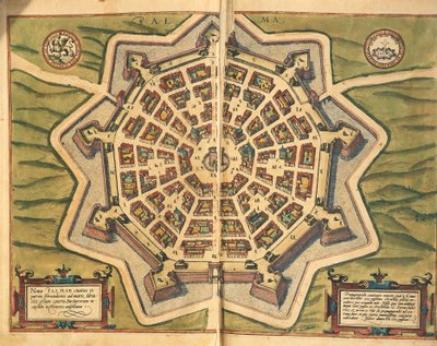 Italië, Palmanova, kaart, gravure uit Civitates Orbis Terrarum door Georg Braun and Hogenberg Franz