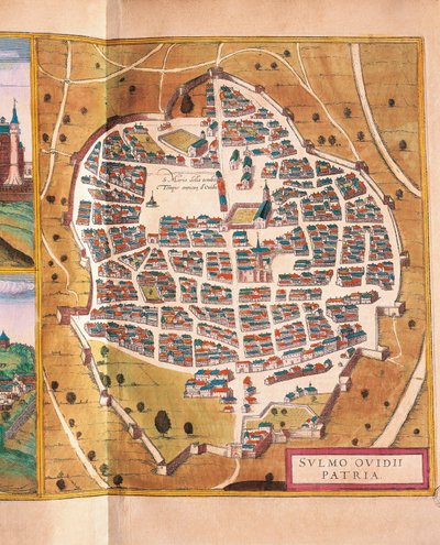 Italië, Sulmona, De stad Sulmona uit Civitates Orbis Terrarum door Georg Braun en Franz Hogenberg, gravure door Georg Braun and Hogenberg Franz
